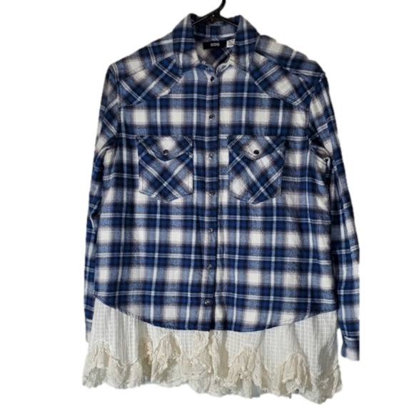 BDG luxury feel flannel withlace petticoat underlay pearl snaps oversized xsmall - Picture 2 of 6